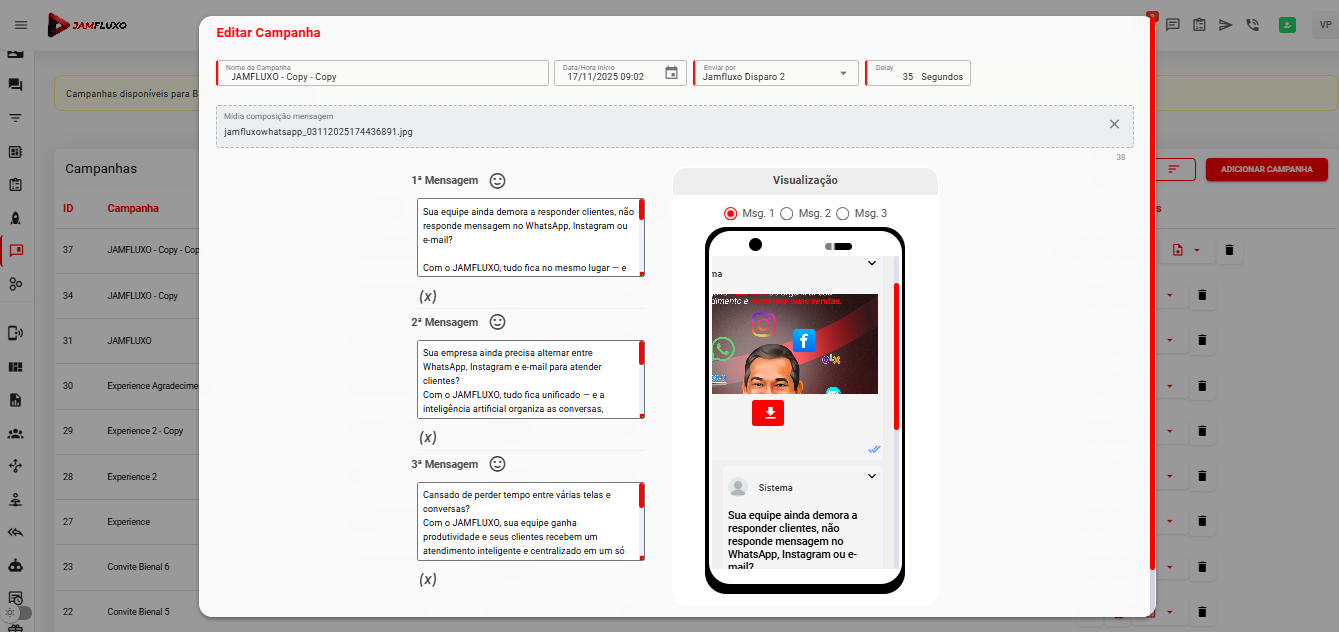 Interface do JAMFLUXO - Campanhas de Envio Inteligentes